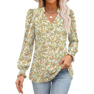 imageANRABESS Womens Puff Long Sleeve Shirts Dressy Casual Blouses 2025 Fall V Neck Loose Fit Floral Business Work Tunic TopsOrange Yellow Floral