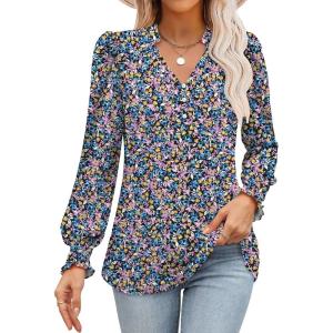 imageANRABESS Womens Puff Long Sleeve Shirts Dressy Casual Blouses 2025 Fall V Neck Loose Fit Floral Business Work Tunic TopsPurple Blue Floral