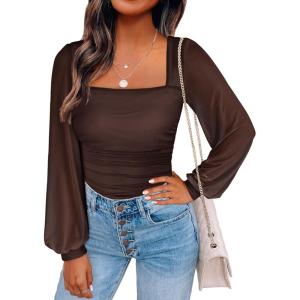 imageANRABESS Womens Square Neck Mesh Long Sleeve Tops Double Lined Dressy Business Casual Blouses Shirts 2025 Fall OutfitsBrown