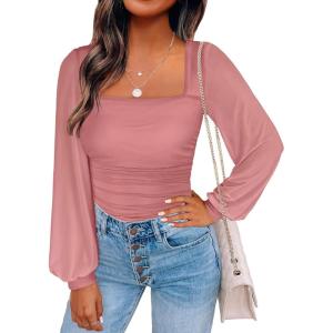 imageANRABESS Womens Square Neck Mesh Long Sleeve Tops Double Lined Dressy Business Casual Blouses Shirts 2025 Fall OutfitsCoral Pink