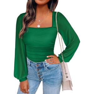 imageANRABESS Womens Square Neck Mesh Long Sleeve Tops Double Lined Dressy Business Casual Blouses Shirts 2025 Fall OutfitsGreen