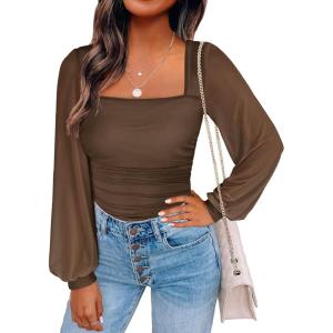 imageANRABESS Womens Square Neck Mesh Long Sleeve Tops Double Lined Dressy Business Casual Blouses Shirts 2025 Fall OutfitsMocha