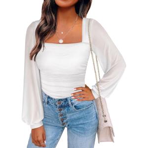 imageANRABESS Womens Square Neck Mesh Long Sleeve Tops Double Lined Dressy Business Casual Blouses Shirts 2025 Fall OutfitsWhite