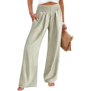 imageANRABESS Womens Striped Gingham Palazzo Pants Wide Leg High Waisted Lounge Pajama Pants Cute Casual Trousers with PocketsArmy Green White Plaid