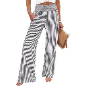 imageANRABESS Womens Striped Gingham Palazzo Pants Wide Leg High Waisted Lounge Pajama Pants Cute Casual Trousers with PocketsBlack White Stripe