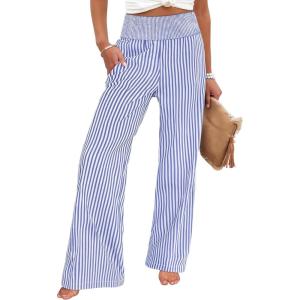 imageANRABESS Womens Striped Gingham Palazzo Pants Wide Leg High Waisted Lounge Pajama Pants Cute Casual Trousers with PocketsBlue White Stripe