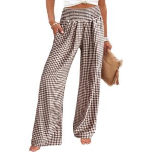 imageANRABESS Womens Striped Gingham Palazzo Pants Wide Leg High Waisted Lounge Pajama Pants Cute Casual Trousers with PocketsBrown White Plaid