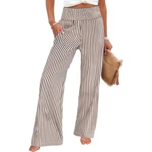 imageANRABESS Womens Striped Gingham Palazzo Pants Wide Leg High Waisted Lounge Pajama Pants Cute Casual Trousers with PocketsBrown White Stripe