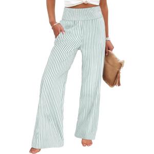 imageANRABESS Womens Striped Gingham Palazzo Pants Wide Leg High Waisted Lounge Pajama Pants Cute Casual Trousers with PocketsGreen White Stripe
