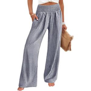 imageANRABESS Womens Striped Gingham Palazzo Pants Wide Leg High Waisted Lounge Pajama Pants Cute Casual Trousers with PocketsNavy Blue White Plaid