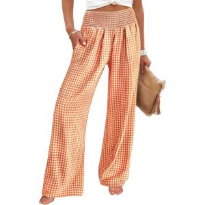 imageANRABESS Womens Striped Gingham Palazzo Pants Wide Leg High Waisted Lounge Pajama Pants Cute Casual Trousers with PocketsOrange White Plaid