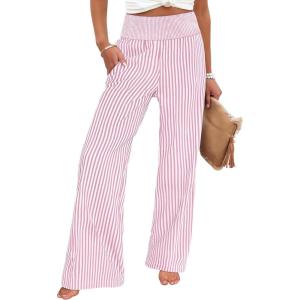 imageANRABESS Womens Striped Gingham Palazzo Pants Wide Leg High Waisted Lounge Pajama Pants Cute Casual Trousers with PocketsPink White Stripe