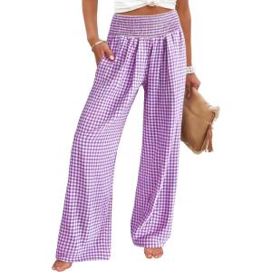imageANRABESS Womens Striped Gingham Palazzo Pants Wide Leg High Waisted Lounge Pajama Pants Cute Casual Trousers with PocketsPurple White Plaid