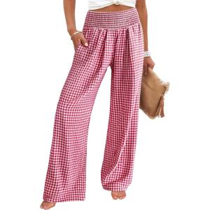 imageANRABESS Womens Striped Gingham Palazzo Pants Wide Leg High Waisted Lounge Pajama Pants Cute Casual Trousers with PocketsRed White Plaid