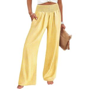 imageANRABESS Womens Striped Gingham Palazzo Pants Wide Leg High Waisted Lounge Pajama Pants Cute Casual Trousers with PocketsYellow White Plaid