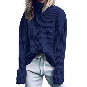 imageANRABESS Womens Turtleneck Sweater 2025 Long Sleeve Ribbed Chunky Knit Fall Pullover Sweater TopNavy Blue