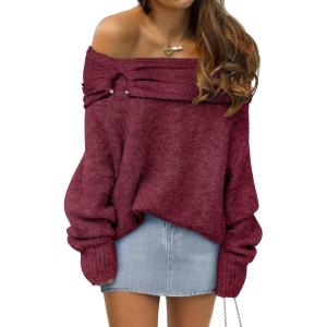 imageANRABESS Womens Wool Blend Off The Shoulder Long Sleeve Soft Knit Sweaters 2025 Fall OutfitsBerry Red