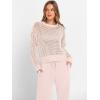 imageANRABESS Womens 2 Piece Outfits Crochet Sheer Knit Sweater Top Wide Leg Pants Lounge Sets Sweatsuit 2025 Fall Travel ClothesBeige Pink