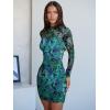 imageANRABESS Womens Sexy Bodycon Mesh Ruched Mini Dresses Mock Neck Slim Fall Long Sleeve Cocktail Party Going Out Short DressGreen Floral
