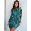 imageANRABESS Womens Sexy Bodycon Mesh Ruched Mini Dresses Mock Neck Slim Fall Long Sleeve Cocktail Party Going Out Short DressGreen Floral