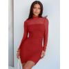 imageANRABESS Womens Sexy Bodycon Mesh Ruched Mini Dresses Mock Neck Slim Fall Long Sleeve Cocktail Party Going Out Short DressRed