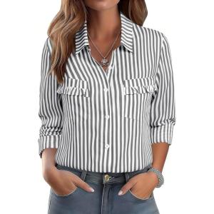 imageANRABESS Long Sleeve Striped Shirts for Women Fall Button Down Cute Tops 2025 V Neck Businese Casual Blouses with PocketsBlack Striped
