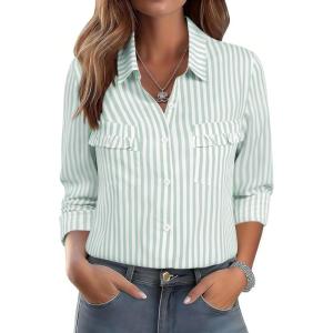 imageANRABESS Long Sleeve Striped Shirts for Women Fall Button Down Cute Tops 2025 V Neck Businese Casual Blouses with PocketsGreen Striped