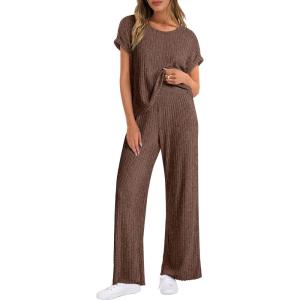 imageANRABESS Lounge Sets For Women Fall Ribbed Knit 2 Piece Pajama Sets Casual Short Sleeve Top and Long Pants Matching OutfitsBrown