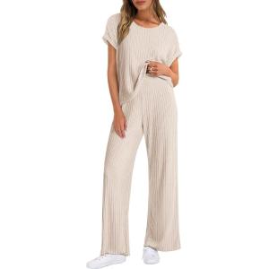 imageANRABESS Lounge Sets For Women Fall Ribbed Knit 2 Piece Pajama Sets Casual Short Sleeve Top and Long Pants Matching OutfitsLight Khaki