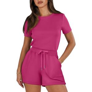 imageANRABESS Romper for Women Short Sleeve Summer Tshirt One Piece Jumpsuit Beach Vacation Travel Outfits 2025 Dressy ClothesHot Pink