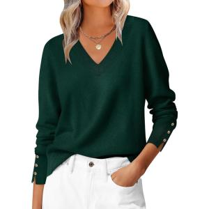 imageANRABESS Sweaters for Women Long Sleeve V Neck Shirts Business Casual Work Blouses 2025 Fall Loose Knit Pullover Sweater TopsDark Green