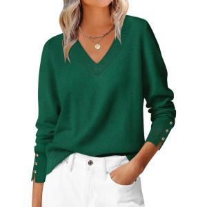 imageANRABESS Sweaters for Women Long Sleeve V Neck Shirts Business Casual Work Blouses 2025 Fall Loose Knit Pullover Sweater TopsForest Green