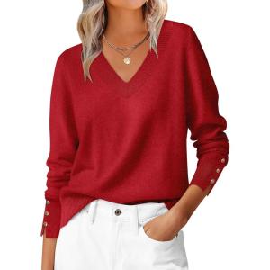 imageANRABESS Sweaters for Women Long Sleeve V Neck Shirts Business Casual Work Blouses 2025 Fall Loose Knit Pullover Sweater TopsRed