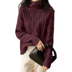 imageANRABESS Sweaters for Women Oversized Long Sleeve Turtleneck Cable Knit Casual Loose Pullover Tops 2025 Fall Trendy OutfitsBurgundy