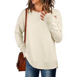 imageANRABESS Sweatshirts for Women 2025 Fall Long Sleeve Shirts Oversized Crewneck Lightweight Side Split Casual Pullover TopsAlmond