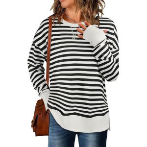 imageANRABESS Sweatshirts for Women 2025 Fall Long Sleeve Shirts Oversized Crewneck Lightweight Side Split Casual Pullover TopsBlack White