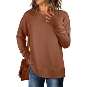 imageANRABESS Sweatshirts for Women 2025 Fall Long Sleeve Shirts Oversized Crewneck Lightweight Side Split Casual Pullover TopsBurnt Brown