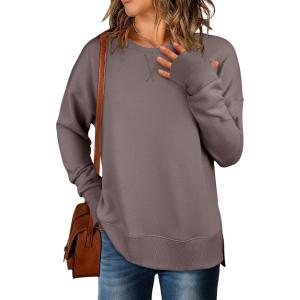 imageANRABESS Sweatshirts for Women 2025 Fall Long Sleeve Shirts Oversized Crewneck Lightweight Side Split Casual Pullover TopsCamel