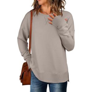imageANRABESS Sweatshirts for Women 2025 Fall Long Sleeve Shirts Oversized Crewneck Lightweight Side Split Casual Pullover TopsKhaki