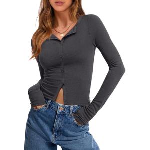 imageANRABESS Women Long Sleeve Button Down Shirts Ribbed Knit Slim Fitted Crop Tops 2025 Fall Y2K Dressy Casual Trendy OutfitsDeep Grey