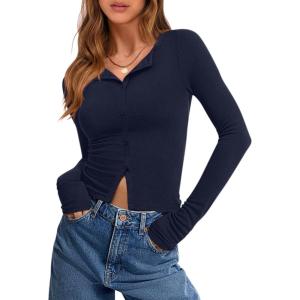 imageANRABESS Women Long Sleeve Button Down Shirts Ribbed Knit Slim Fitted Crop Tops 2025 Fall Y2K Dressy Casual Trendy OutfitsNavy Blue