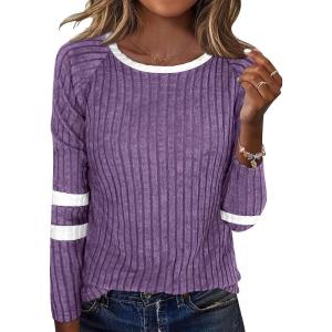 imageANRABESS Women Long Sleeve Tops Color Block Casual Shirts Lightweight Sweaters Fall Fashion Outfits 2025 Teen Girls ClothesPurplewhite