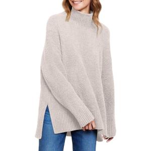 imageANRABESS Women Oversized Turtleneck Long Sleeve Fuzzy Knit Slit Side Chunky Warm Pullover Sweaters 2025Beige