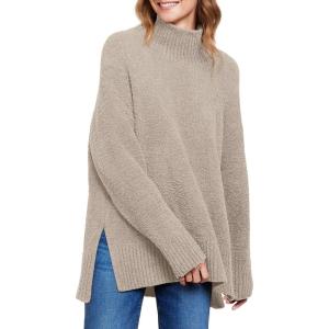 imageANRABESS Women Oversized Turtleneck Long Sleeve Fuzzy Knit Slit Side Chunky Warm Pullover Sweaters 2025Light Khaki