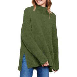 imageANRABESS Women Oversized Turtleneck Long Sleeve Fuzzy Knit Slit Side Chunky Warm Pullover Sweaters 2025Olive Green