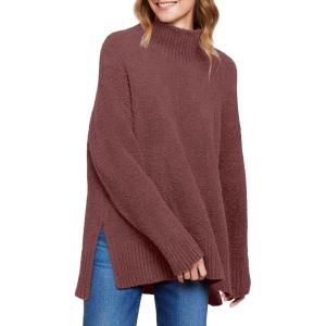 imageANRABESS Women Oversized Turtleneck Long Sleeve Fuzzy Knit Slit Side Chunky Warm Pullover Sweaters 2025Red Brown