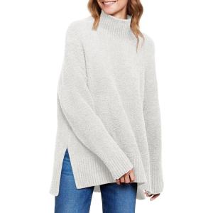 imageANRABESS Women Oversized Turtleneck Long Sleeve Fuzzy Knit Slit Side Chunky Warm Pullover Sweaters 2025White