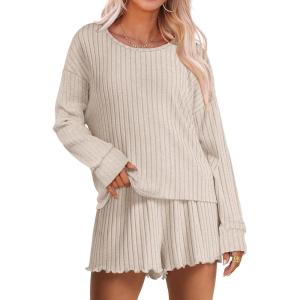 imageANRABESS Womens 2 Piece Lounge Pajama Sets Casual Ribbed Long Sleeve Top Matching Shorts Sleepwear PJ Set 2025 Fall OutfitsLight Khaki