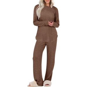 imageANRABESS Womens 2 Piece Lounge Pajama Sets Ribbed Knit Long Sleeve Tunic Tops Matching Pants Casual Fall Sleepwear OutfitsBrown
