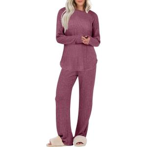 imageANRABESS Womens 2 Piece Lounge Pajama Sets Ribbed Knit Long Sleeve Tunic Tops Matching Pants Casual Fall Sleepwear OutfitsDark Red